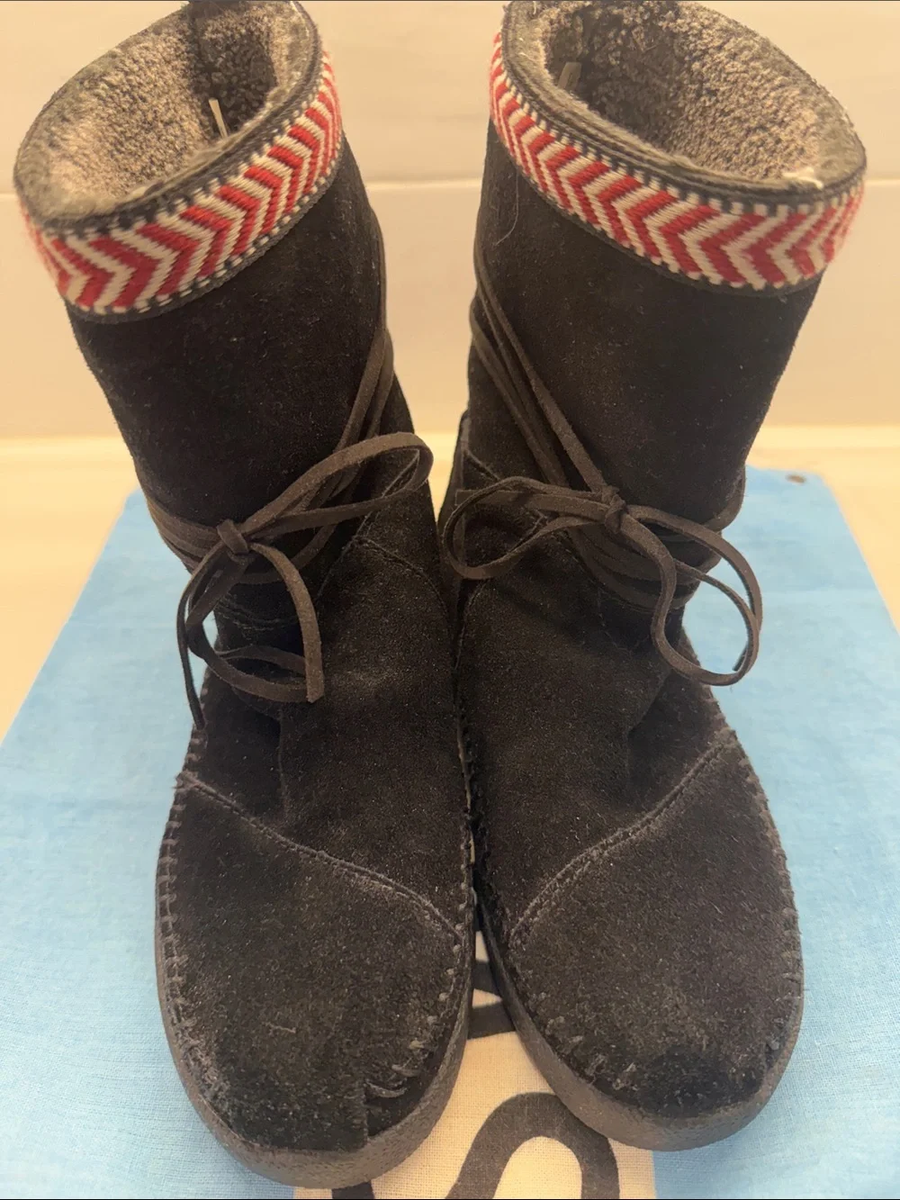 Toms Kids Black Suede Booties with Red Chevron Trim